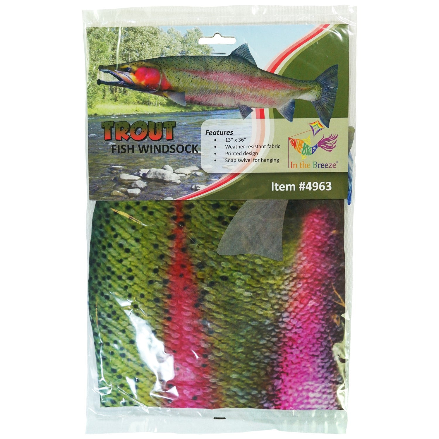 36-inch Trout Windsock featuring a colorful rainbow trout design, perfect for outdoor decoration in a garden or fishing area.