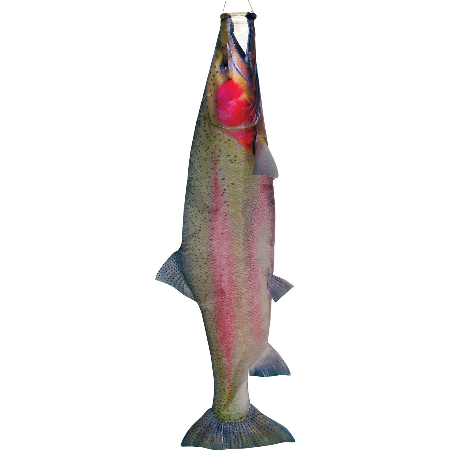 36-inch Trout Windsock featuring a colorful rainbow trout design, perfect for outdoor decoration in a garden or fishing area.