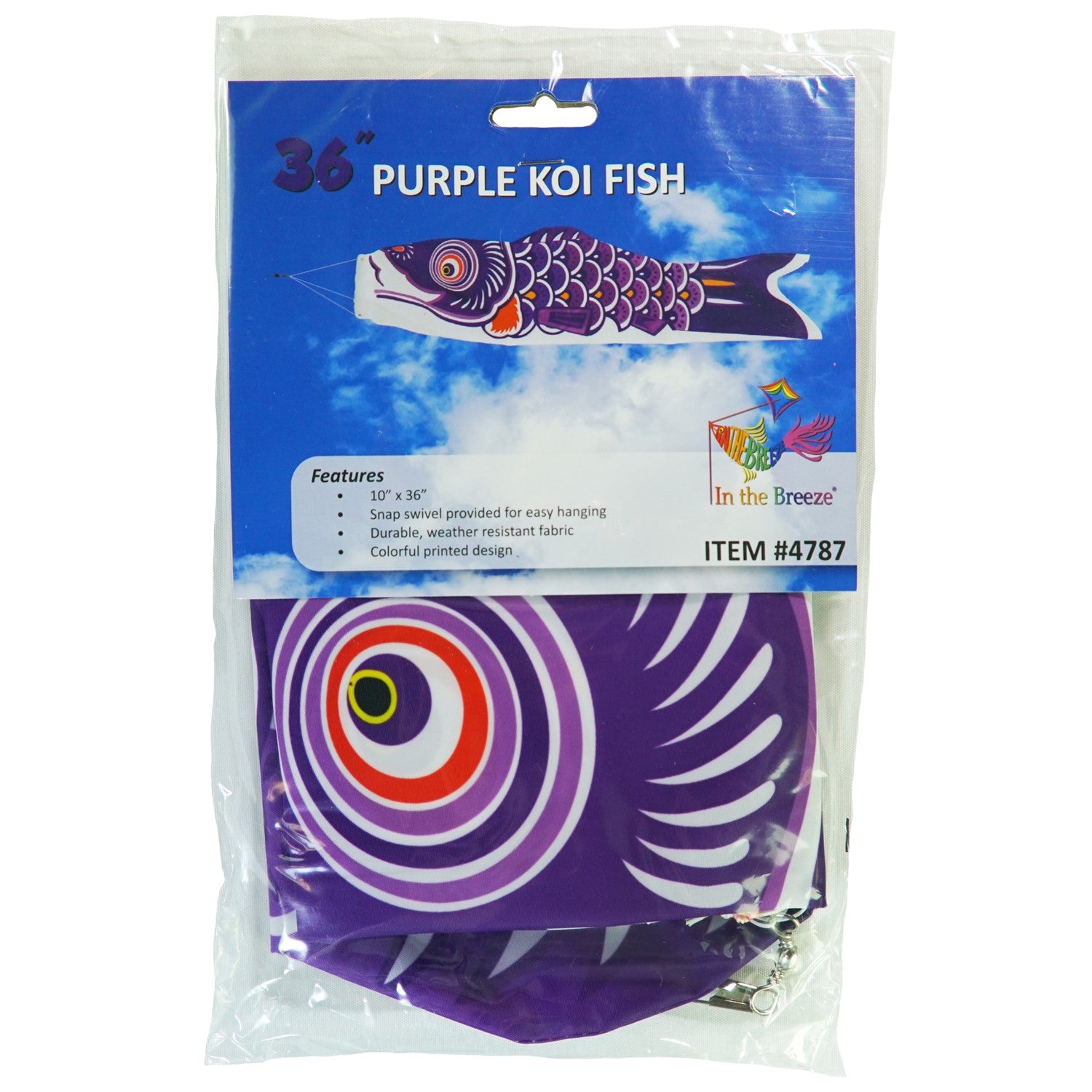 36" Purple Koi windsock hanging outside, showcasing vibrant colors and intricate fish details, fluttering in the wind.