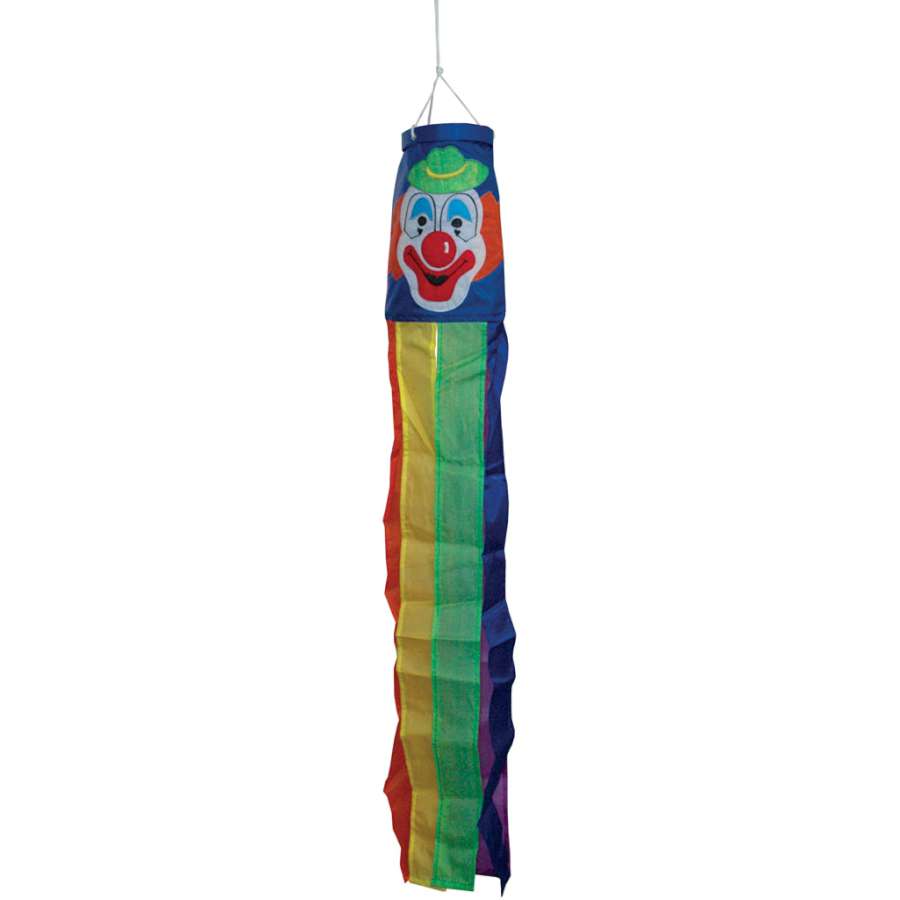 38 in. clown windsock with vibrant colors and detailed applique design hanging outdoors, swaying gently in the breeze.