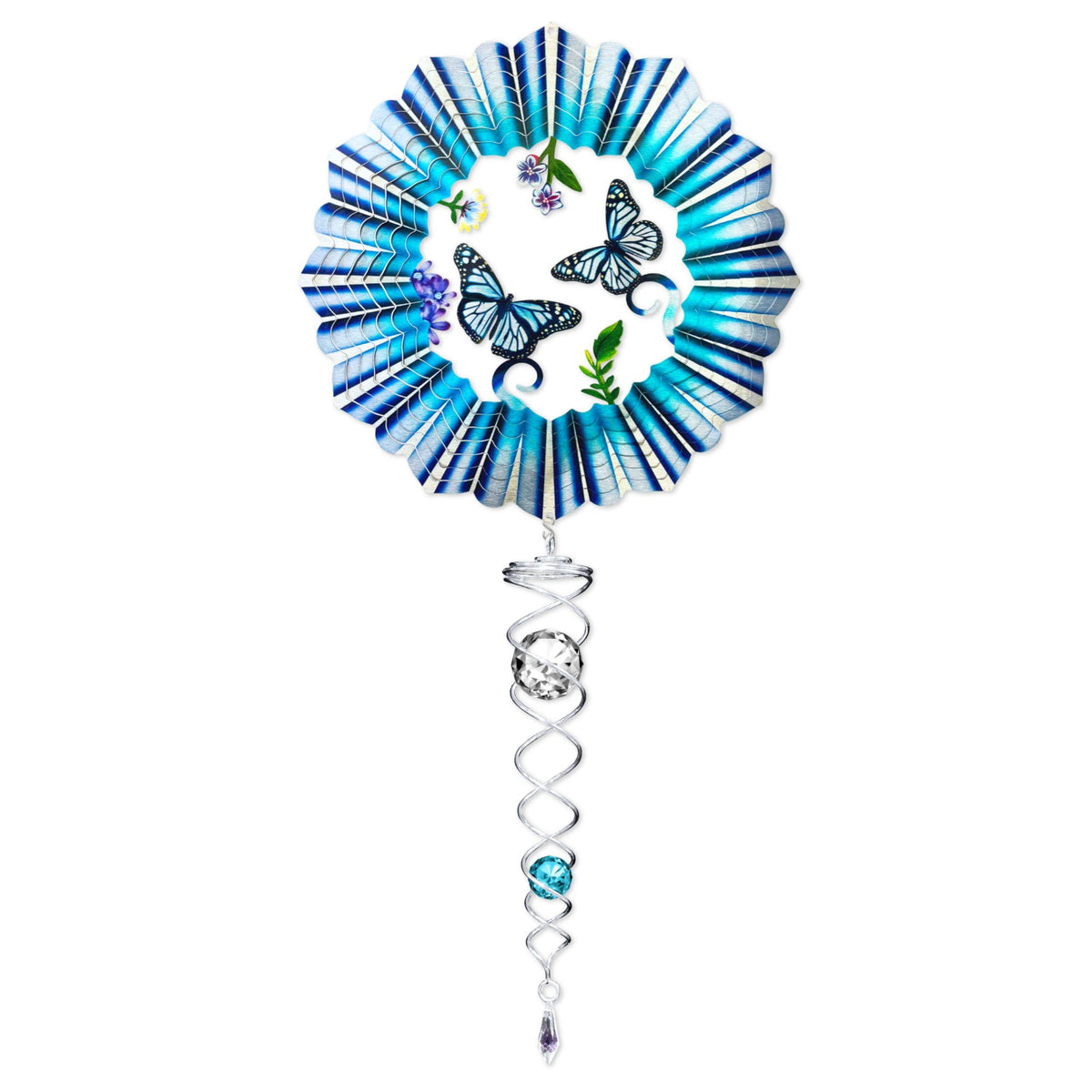 3D Blue Butterfly wind spinner with crystal twister displayed outdoors, showcasing vibrant colors in motion against a garden backdrop.
