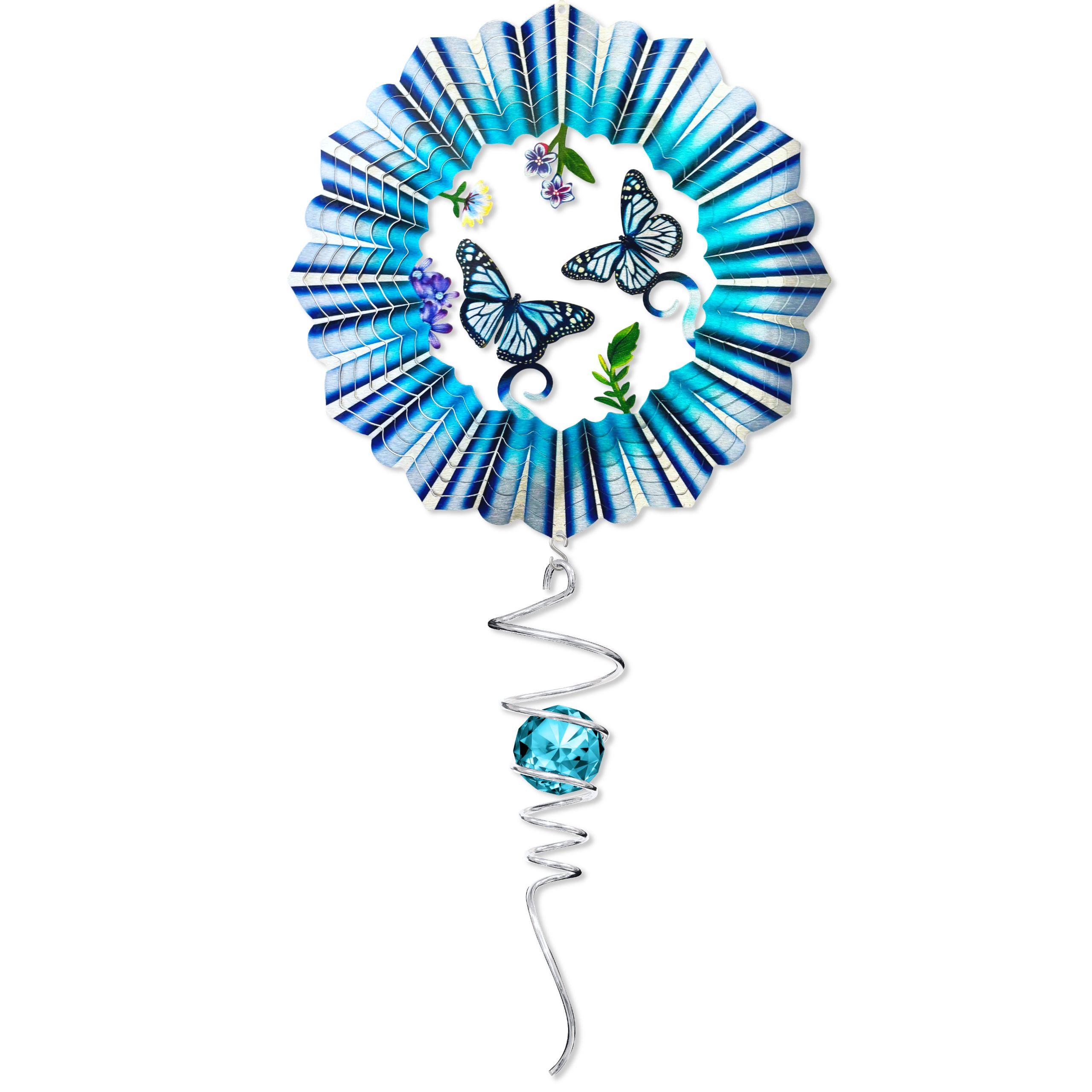 3D Blue Butterfly wind spinner set featuring a vibrant design with a matching crystal spiral tail, perfect for enhancing garden or indoor decor.