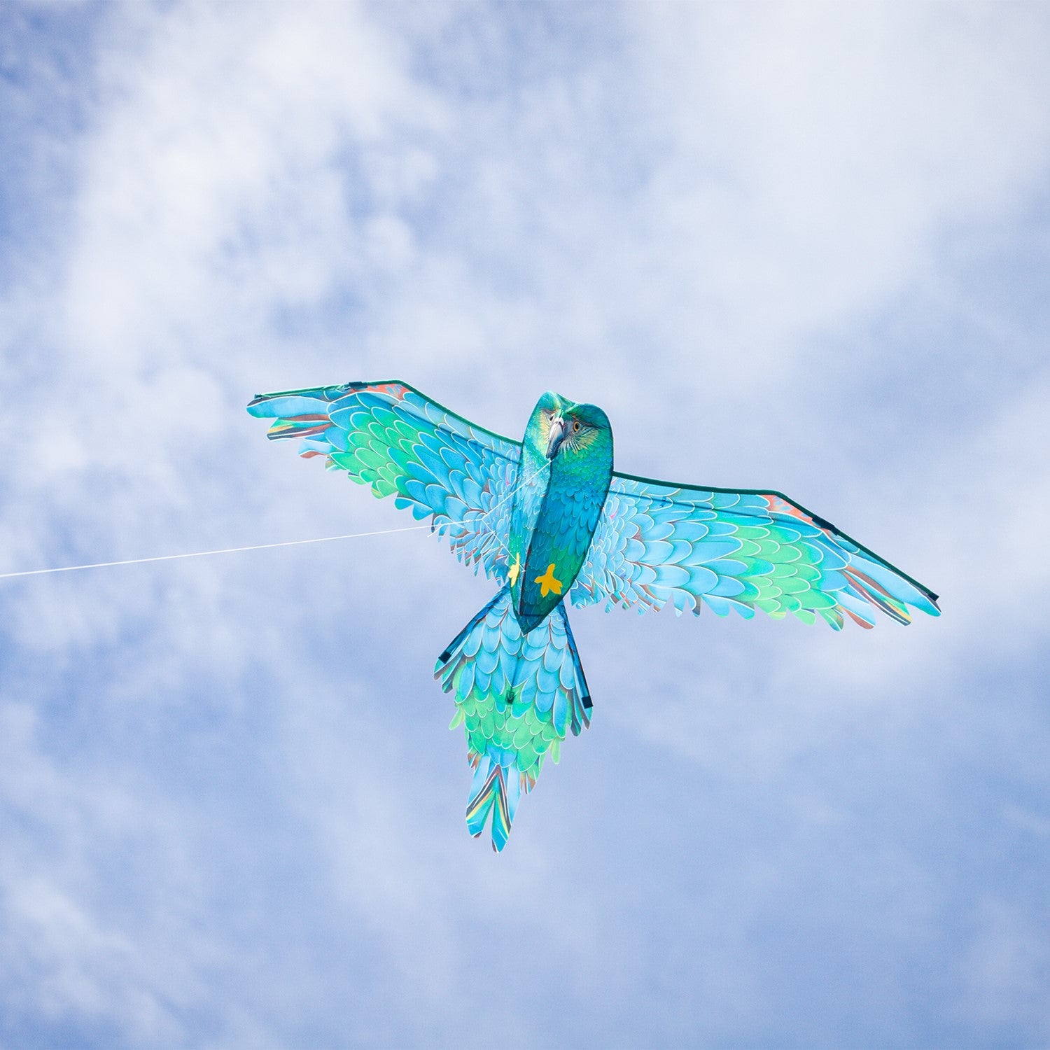 3D Blue Parrot Kite featuring lifelike details and vibrant colors soaring in the sky, showcasing a realistic bird design perfect for outdoor fun.