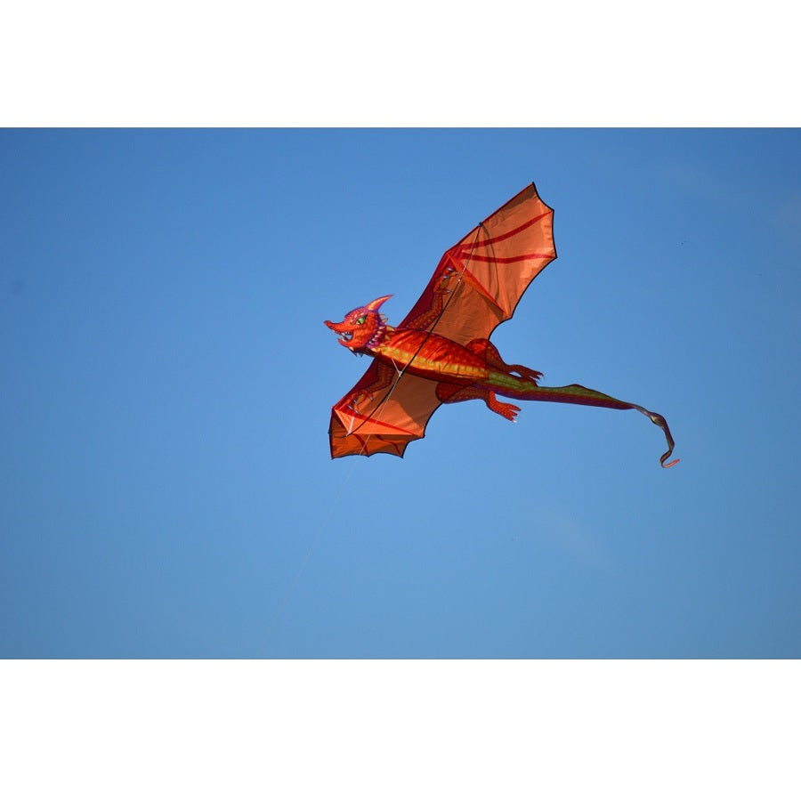 3D Dragon Kite - Emberscale in flight against a bright blue sky, showcasing its vibrant colors and intricate scale design for an enchanting outdoor experience.