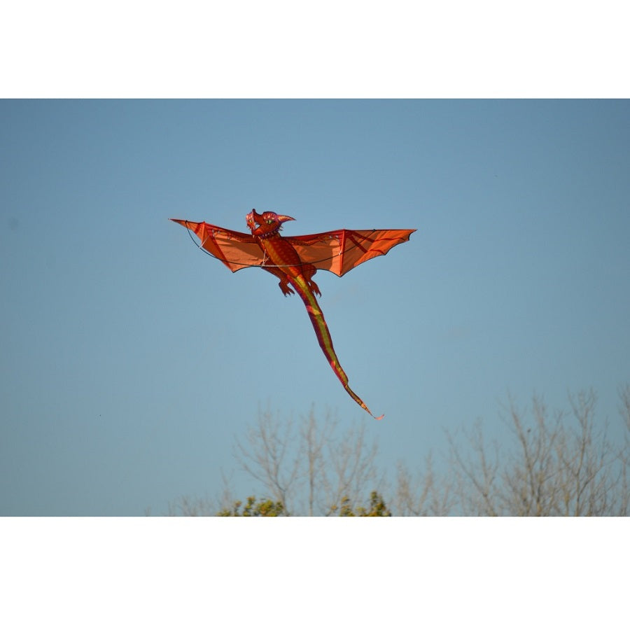 3D Dragon Kite - Emberscale in flight against a bright blue sky, showcasing its vibrant colors and intricate scale design for an enchanting outdoor experience.