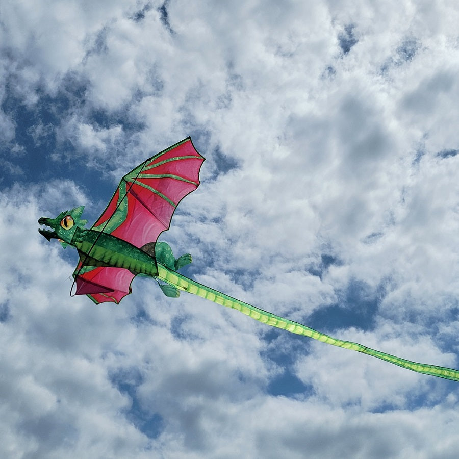 3D Dragon Kite soaring in the blue sky, featuring a vibrant dragon design, measuring 68 x 148 inches, displayed during an outdoor festival.