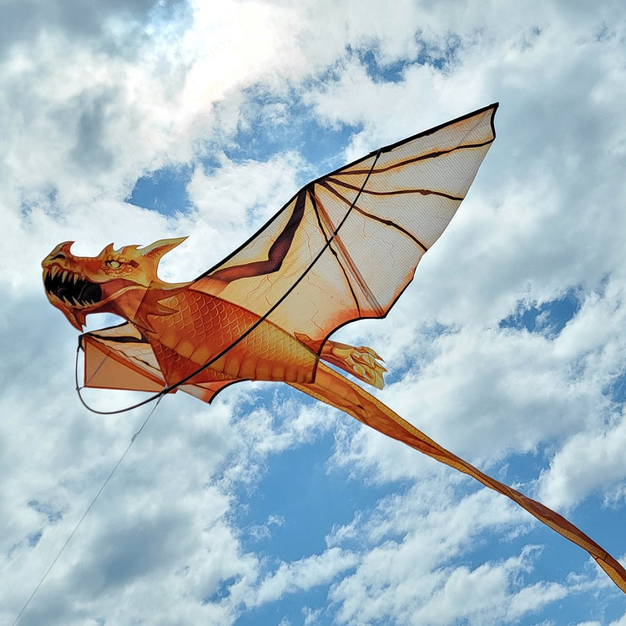 3D Dragon Kite - Goldenscale soaring in the sky, showcasing intricate dragon design, measuring 68 x 148 inches with vibrant colors.