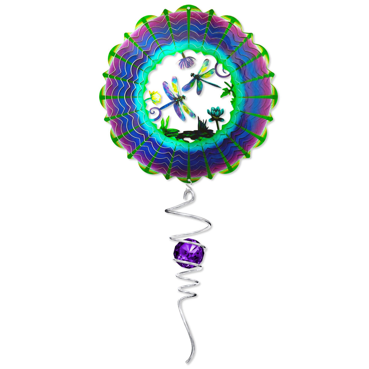 Vibrant 3D Dragonfly Large Set wind spinner spinning gracefully outdoors, showcasing its colorful design against green foliage.