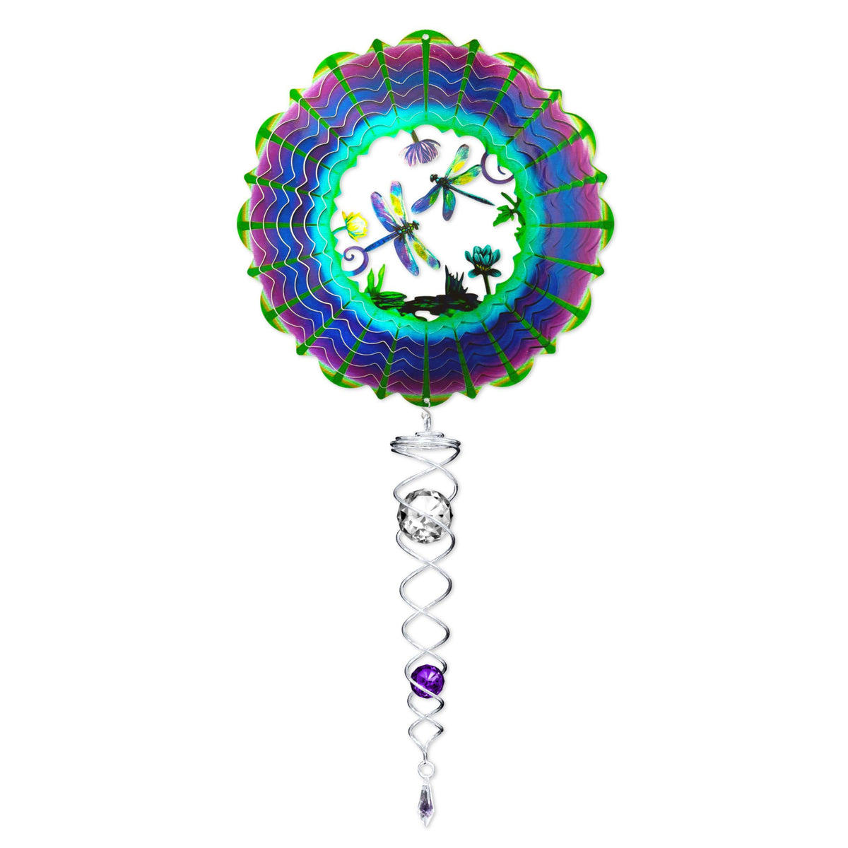 3D Dragonfly wind spinner set featuring a 6.5-inch spinner and 7.5-inch crystal twister, showcasing colorful motion in a garden setting.
