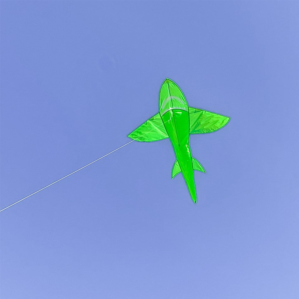 5-foot 3D Green Shark Kite soaring in a clear blue sky, showcasing its lively 3D design and vibrant colors.