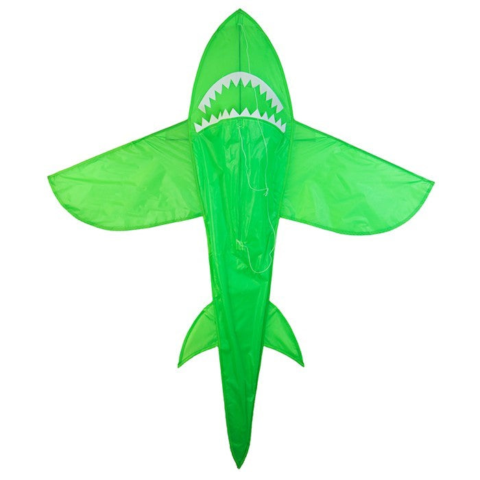 5-foot 3D Green Shark Kite soaring in a clear blue sky, showcasing its lively 3D design and vibrant colors.