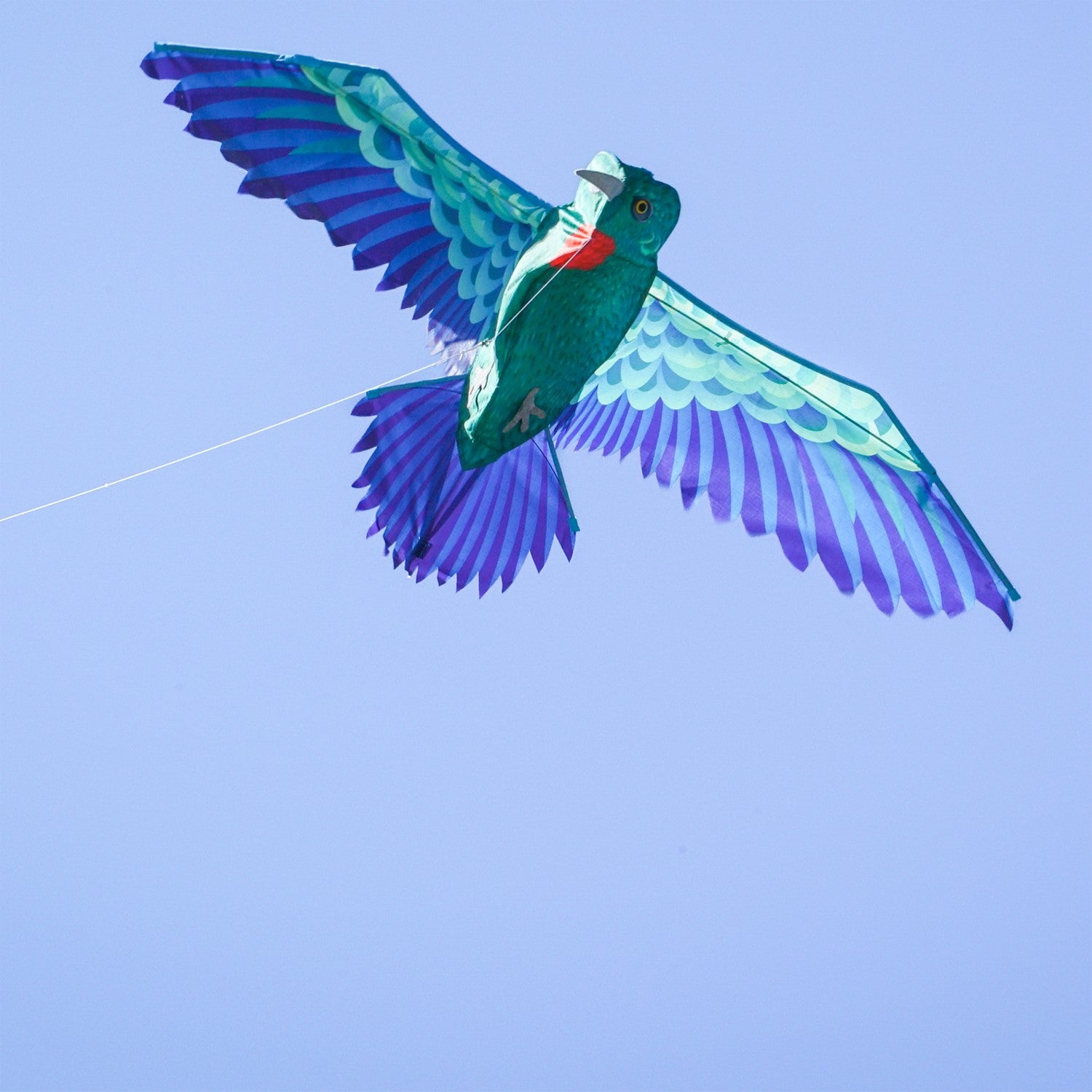 3D Hummingbird Kite in vibrant colors with a realistic design, flying against a blue sky, showcasing its detailed wingspan and body construction.