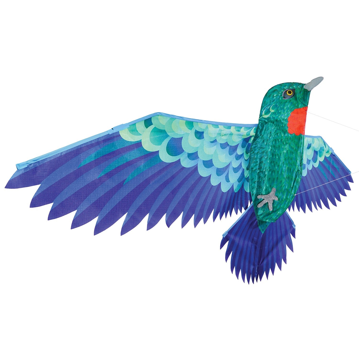 3D Hummingbird Kite in vibrant colors with a realistic design, flying against a blue sky, showcasing its detailed wingspan and body construction.