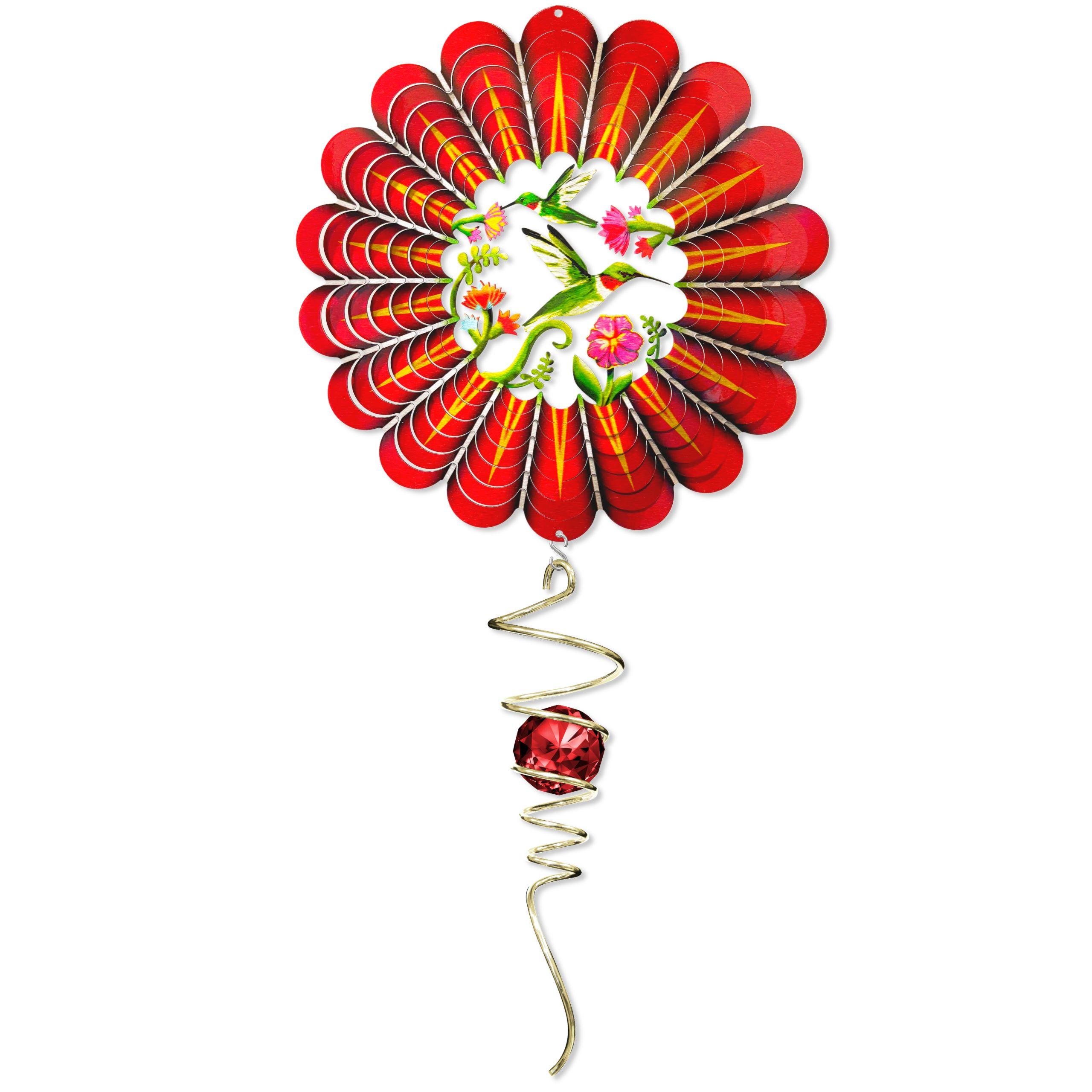 3D Hummingbird large wind spinner, 12-inch colorful design with spinning hummingbirds and crystal spiral tail, showcased in a sunny outdoor setting.