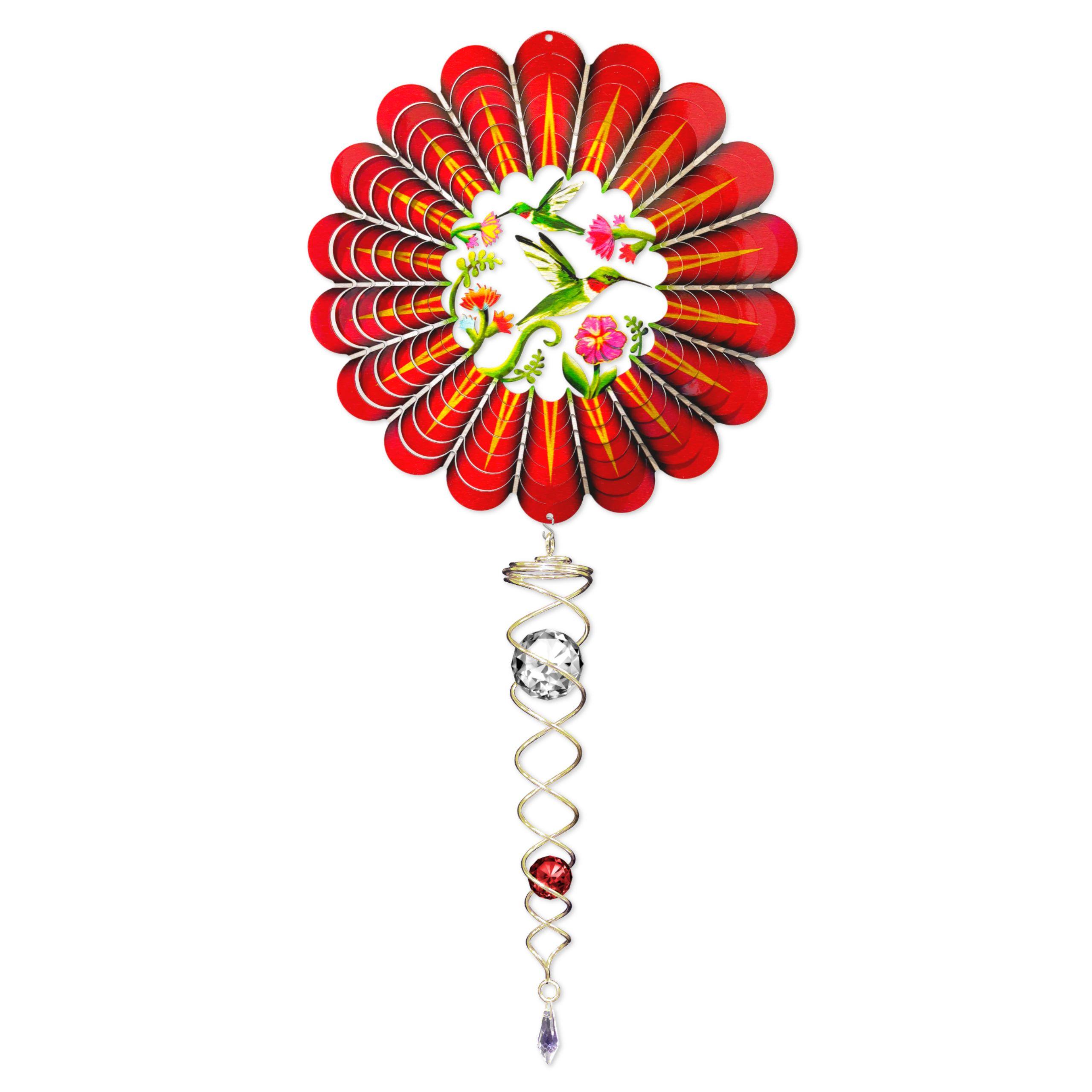 3D Hummingbird wind spinner featuring vivid colors and sparkling crystal twister, beautifully displayed spinning in a garden setting.