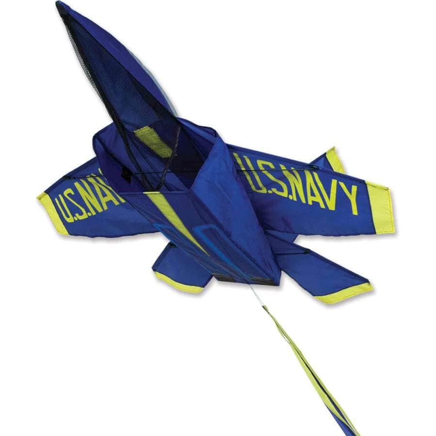 3D Blue Angel jet kite with navy and yellow livery, ripstop sail, fiberglass frame, and 300 ft. line included. Stored in fabric case with color header.