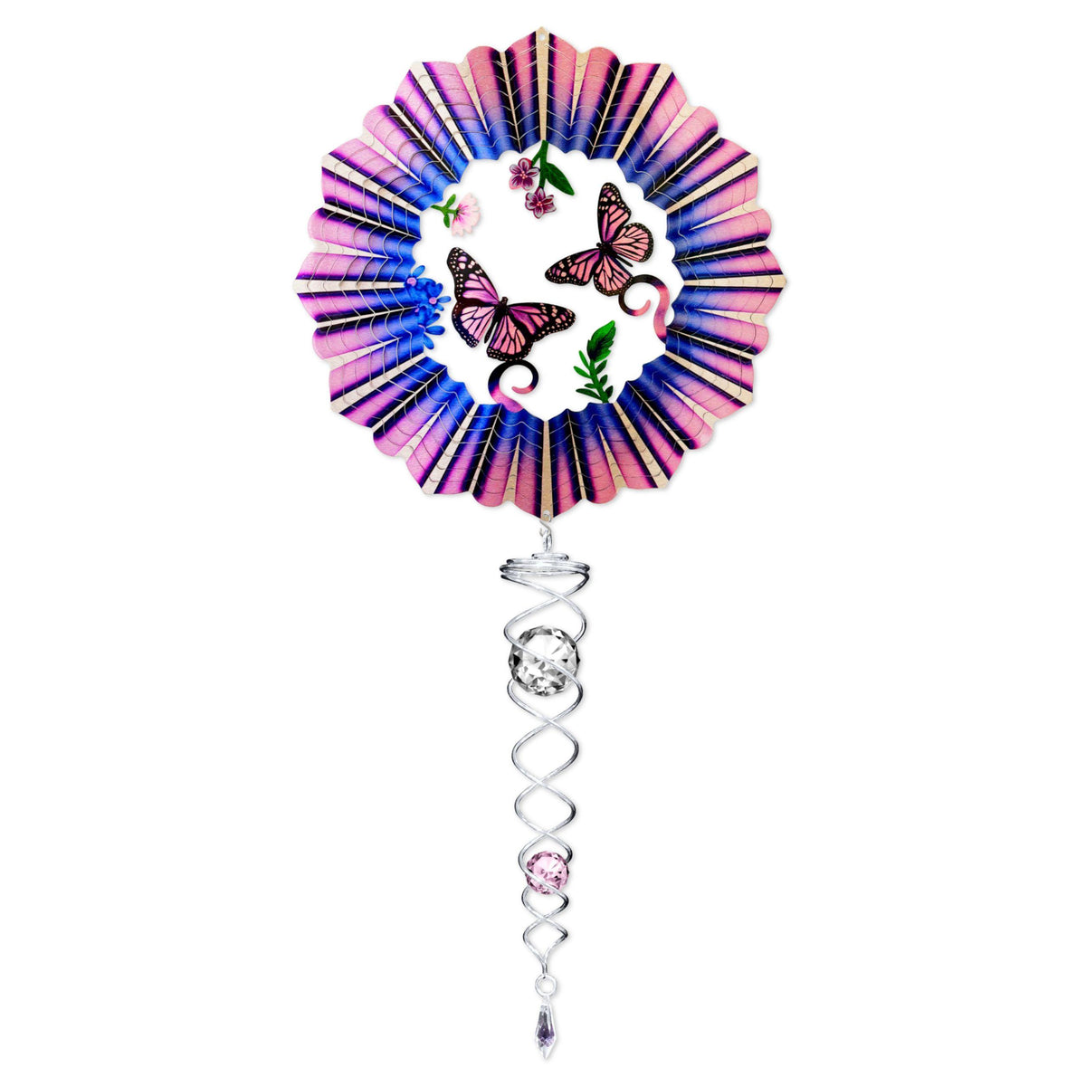 3D Pink Butterfly wind spinner with crystal twister in colorful outdoor setting, spinning gracefully in the breeze.