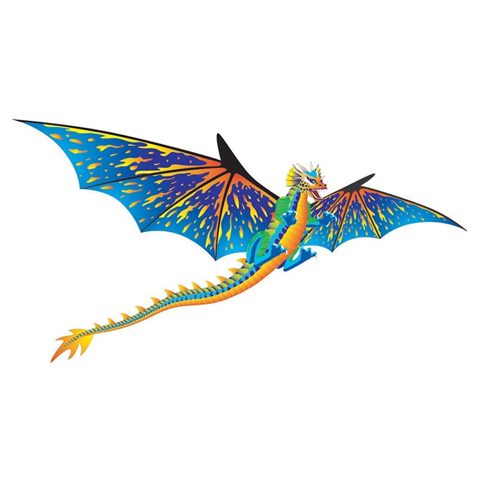 3D Supersize Dragon Kite soaring through a clear blue sky, showcasing detailed dragon graphics and a sturdy fiberglass frame.