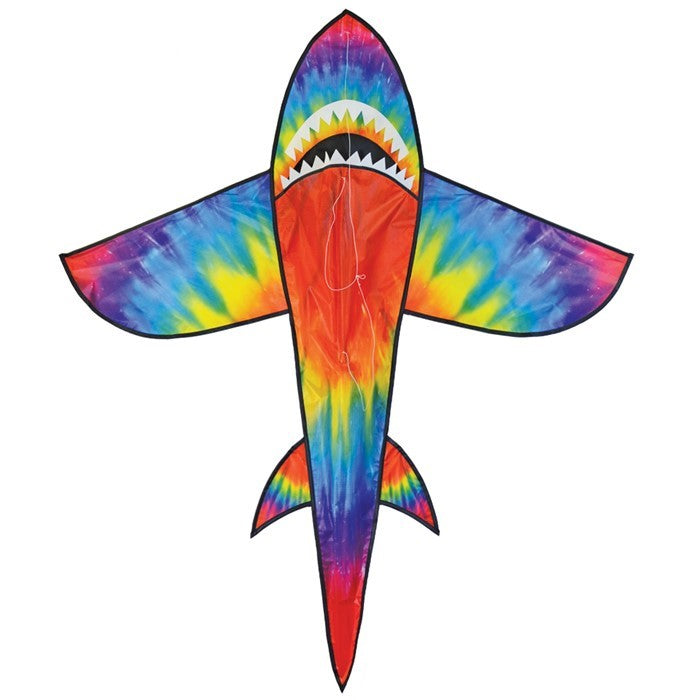5-foot 3D Tie Dye Shark Kite flying high against a blue sky, showcasing its vibrant colors and fun design as it swims through the air.