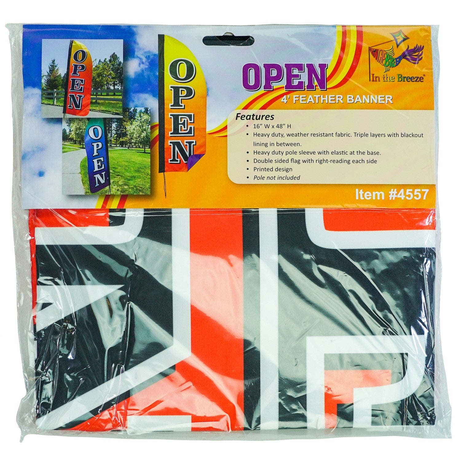 4-foot Heavy Duty Open Gradient Double Sided Feather Banner displayed outdoors, featuring vibrant rainbow colors and 'open' signage in an event setting.