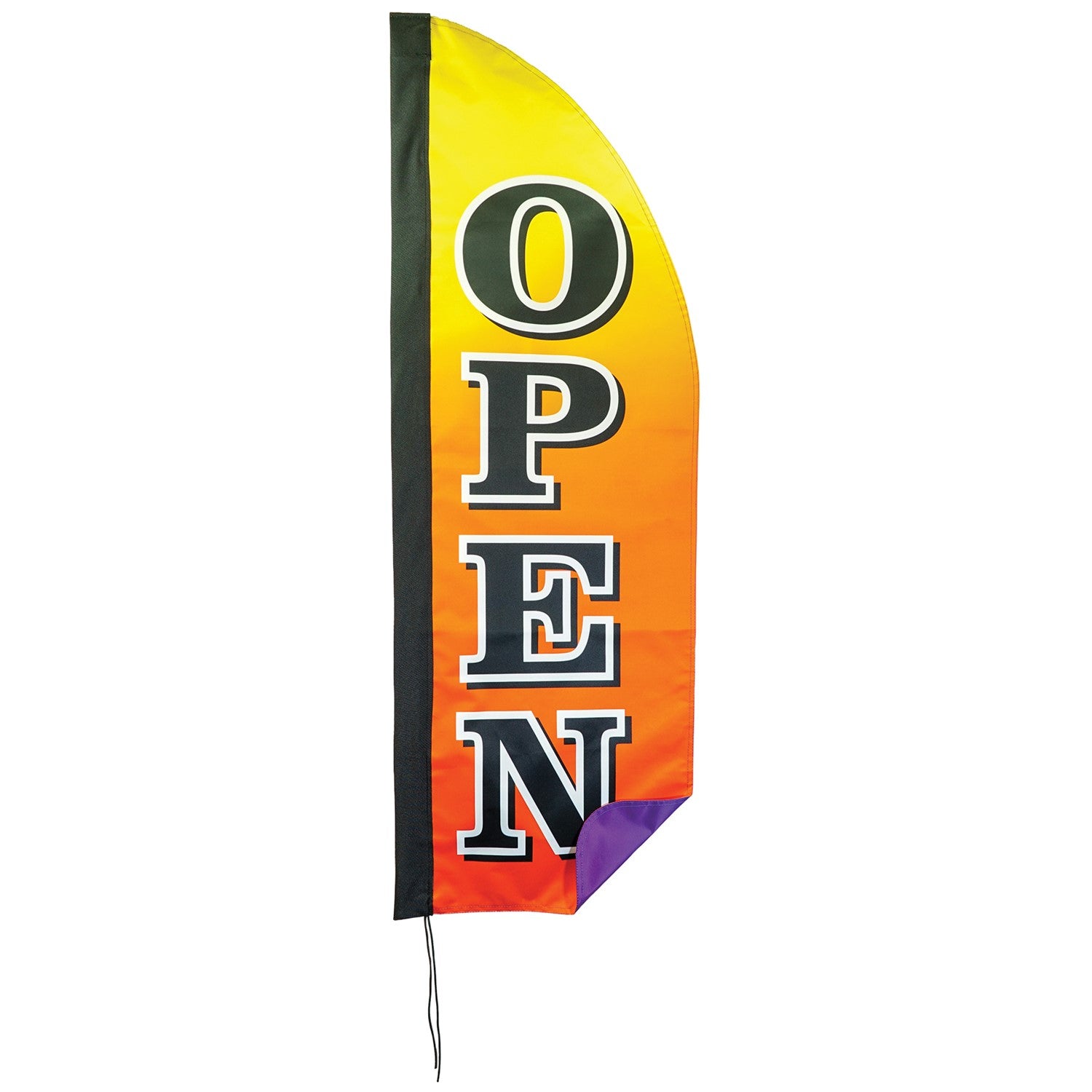 4-foot Heavy Duty Open Gradient Double Sided Feather Banner displayed outdoors, featuring vibrant rainbow colors and 'open' signage in an event setting.
