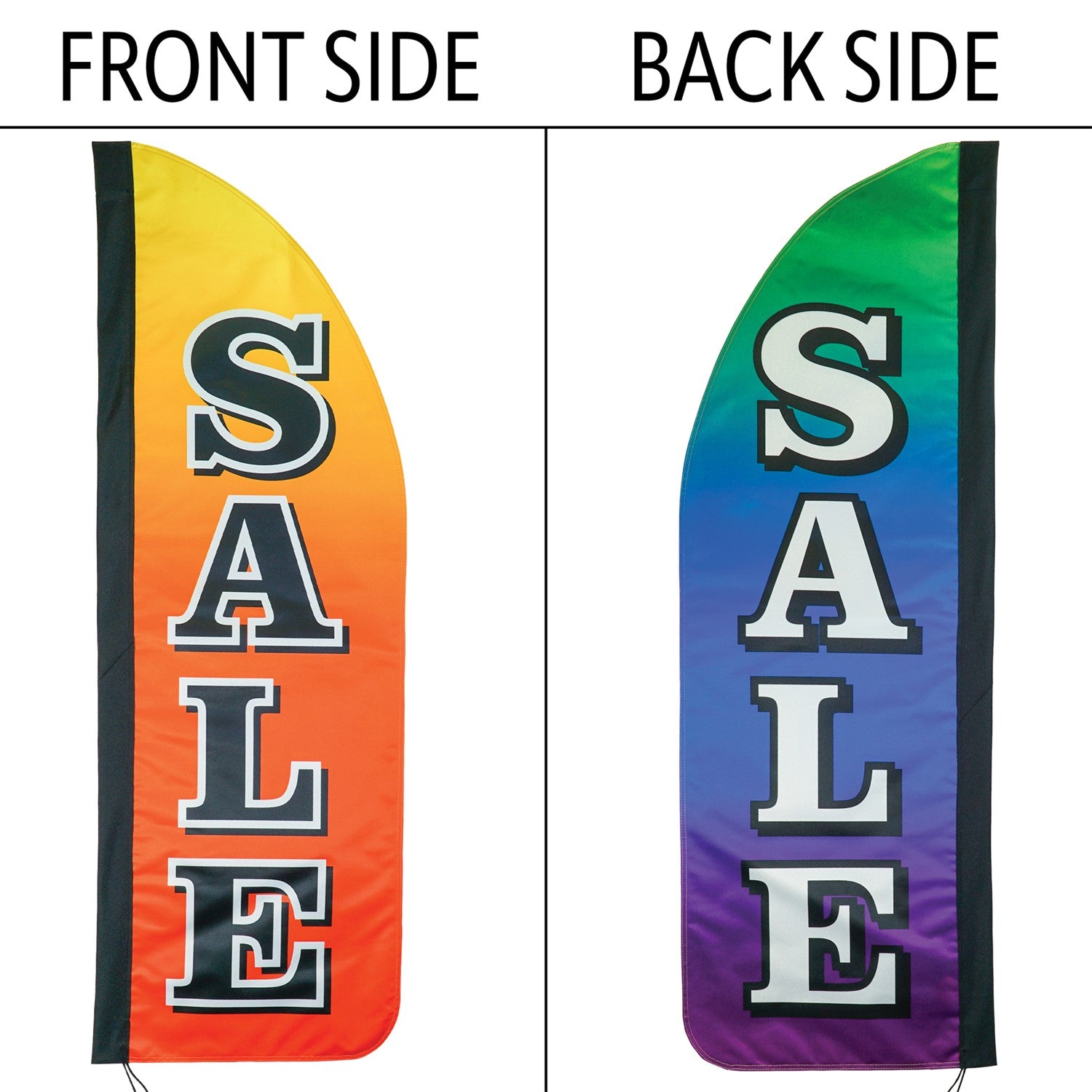 4-foot Heavy Duty Sale Gradient Double-Sided Feather Banner with vibrant rainbow gradient, displayed outdoors at a storefront to attract customers.