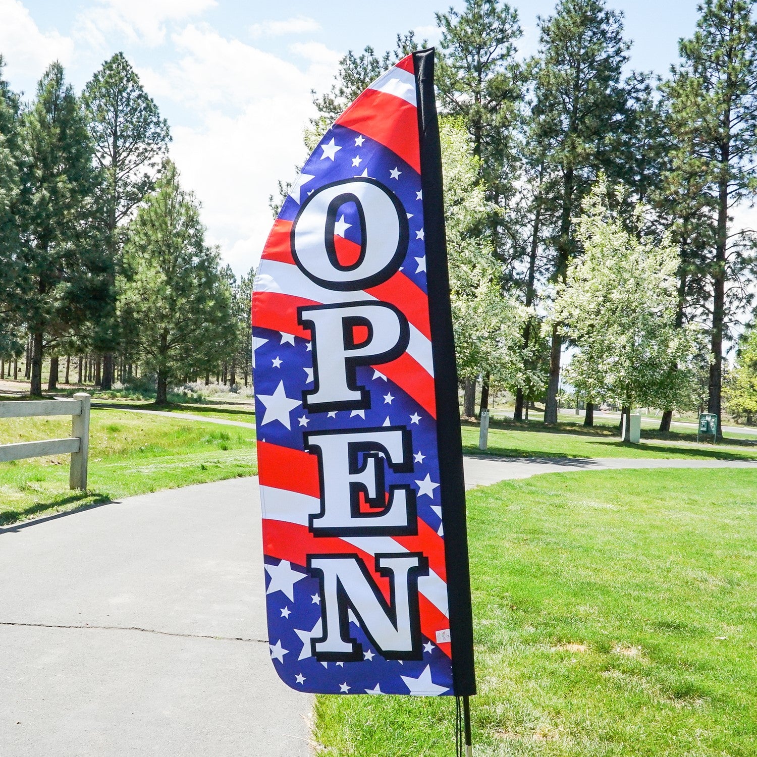 4' Heavy Duty Open Stars & Stripes Double Sided Feather Banner showcasing vibrant colors, designed for outdoor display and visibility for businesses.