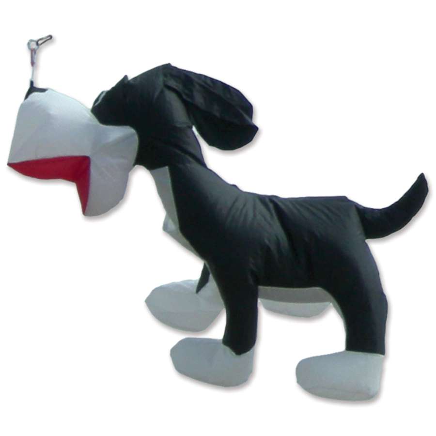 4 ft. Skippy Jr. Dog Line Device for kites, showcasing a playful dog design in colorful, 3-D shape against a bright blue sky.