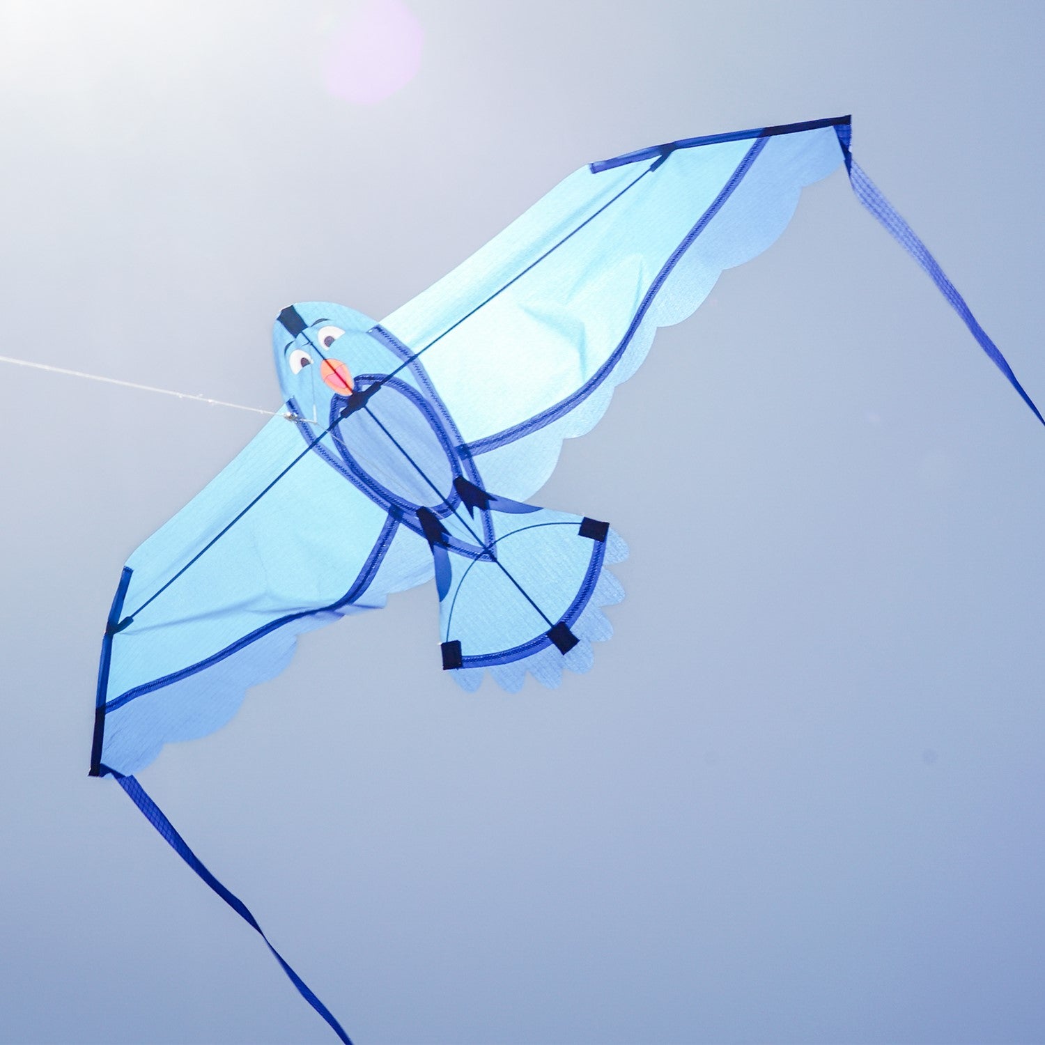 40-inch Blue Bitty Bird Kite featuring a colorful design with attached streamer tails soaring in a clear blue sky.