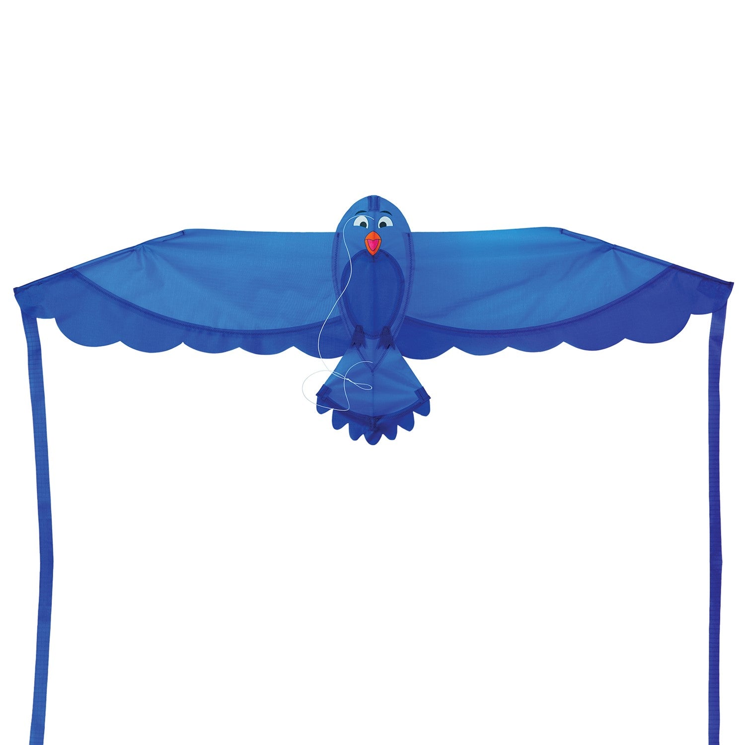 40-inch Blue Bitty Bird Kite featuring a colorful design with attached streamer tails soaring in a clear blue sky.