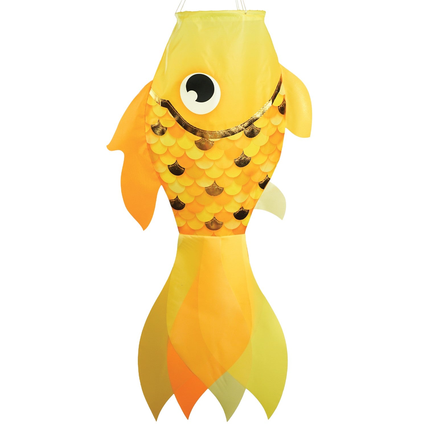 40-inch Gold Shimmer Damsel Fish Windsock with shiny scales and colorful tail, gracefully swaying in the breeze in a garden setting.