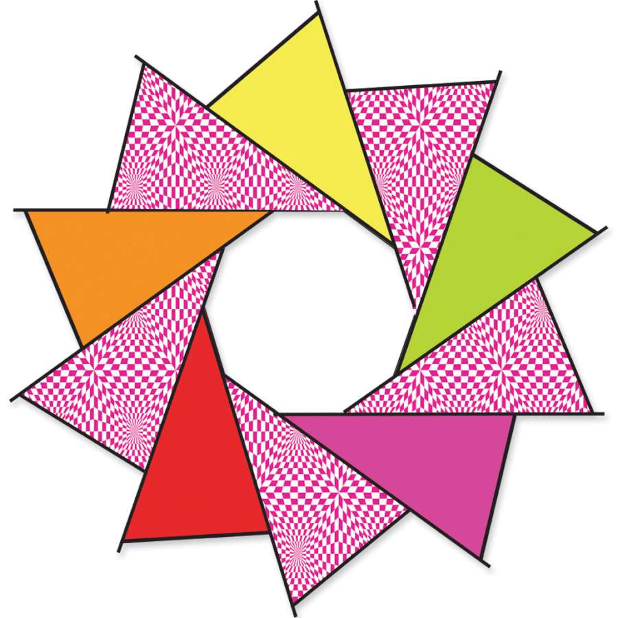 40 in. F-Stop Spinner for kites and line featuring vibrant op-art design spinning joyfully in the air against a blue sky background.