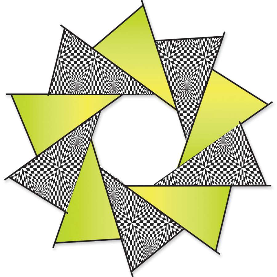 40 inch F-Stop Spinner for kites in vivid neon Op-Art design, spinning gracefully in the air against a blue sky.
