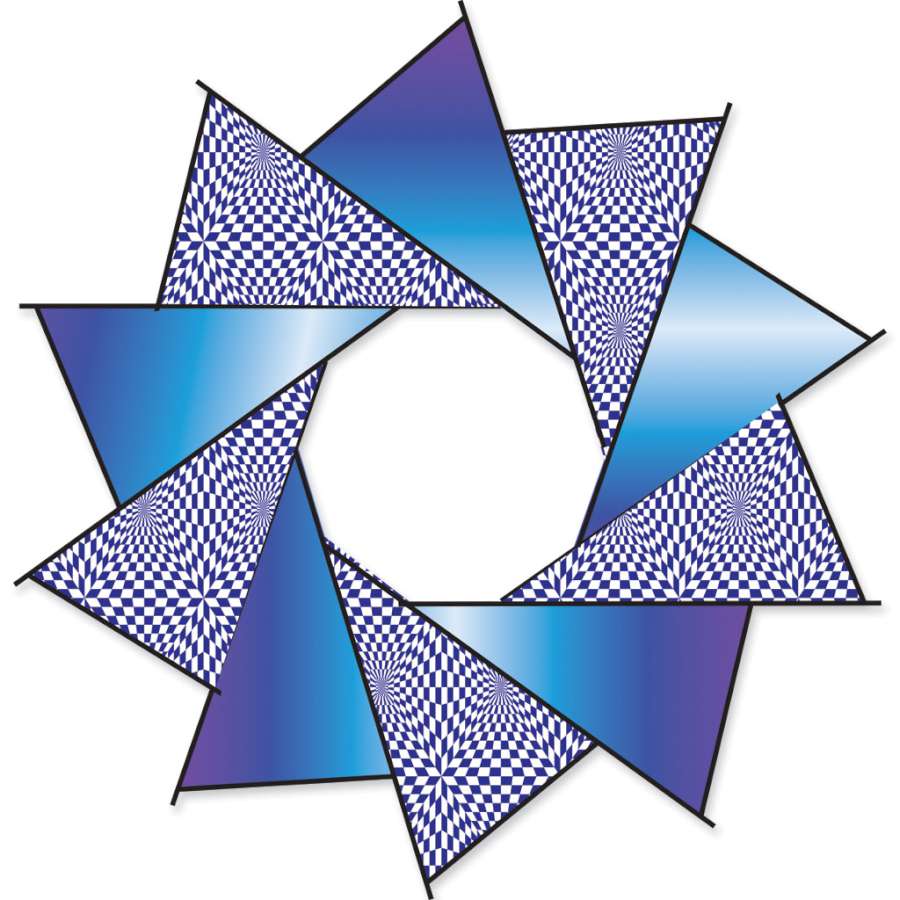 40 in. F-Stop Spinner for Kites in vibrant Opt-Art design spinning beautifully in the sky against a clear blue background.