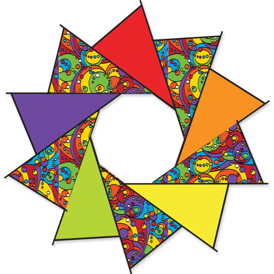 40 in. F-Stop Spinner for Kites in Rainbow Orbit design, spinning elegantly against a clear blue sky during kite flying activities.