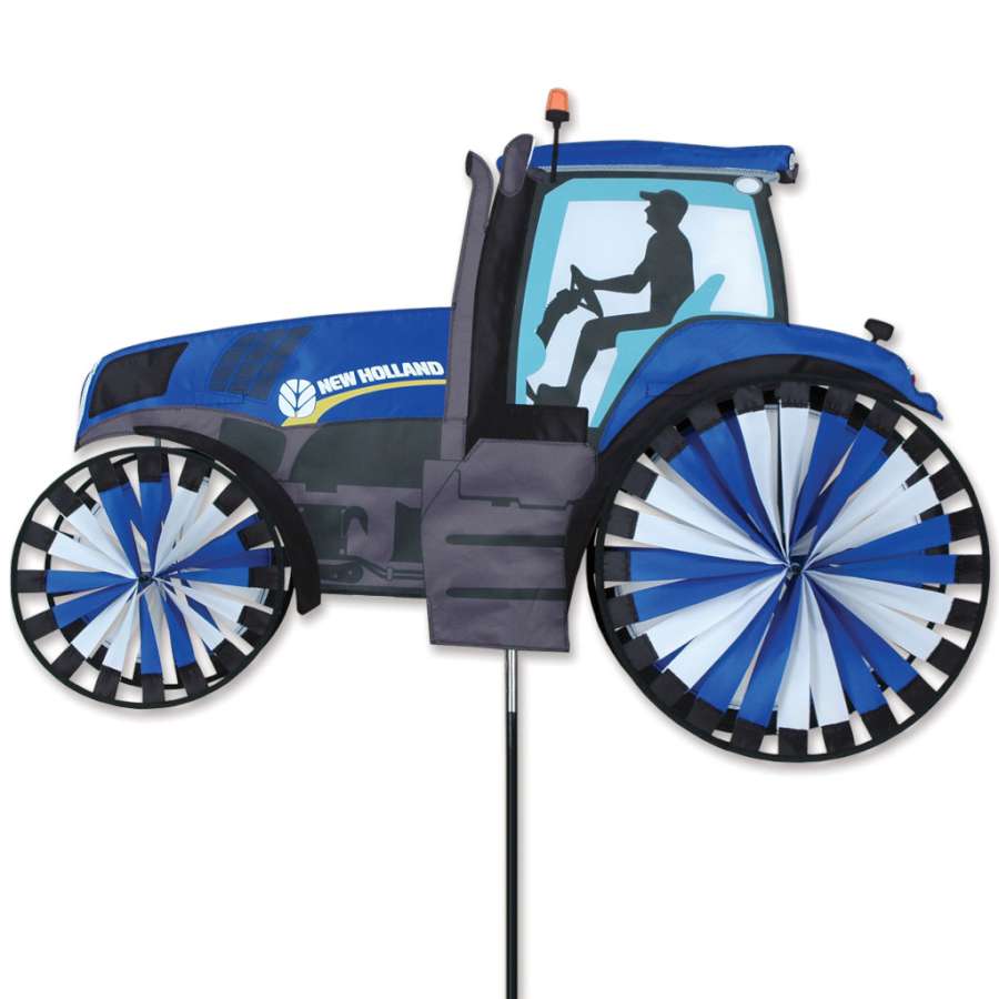 40 in. New Holland Tractor Spinner featuring vibrant colors and detailed design, rotating gracefully in a sunny garden setting.