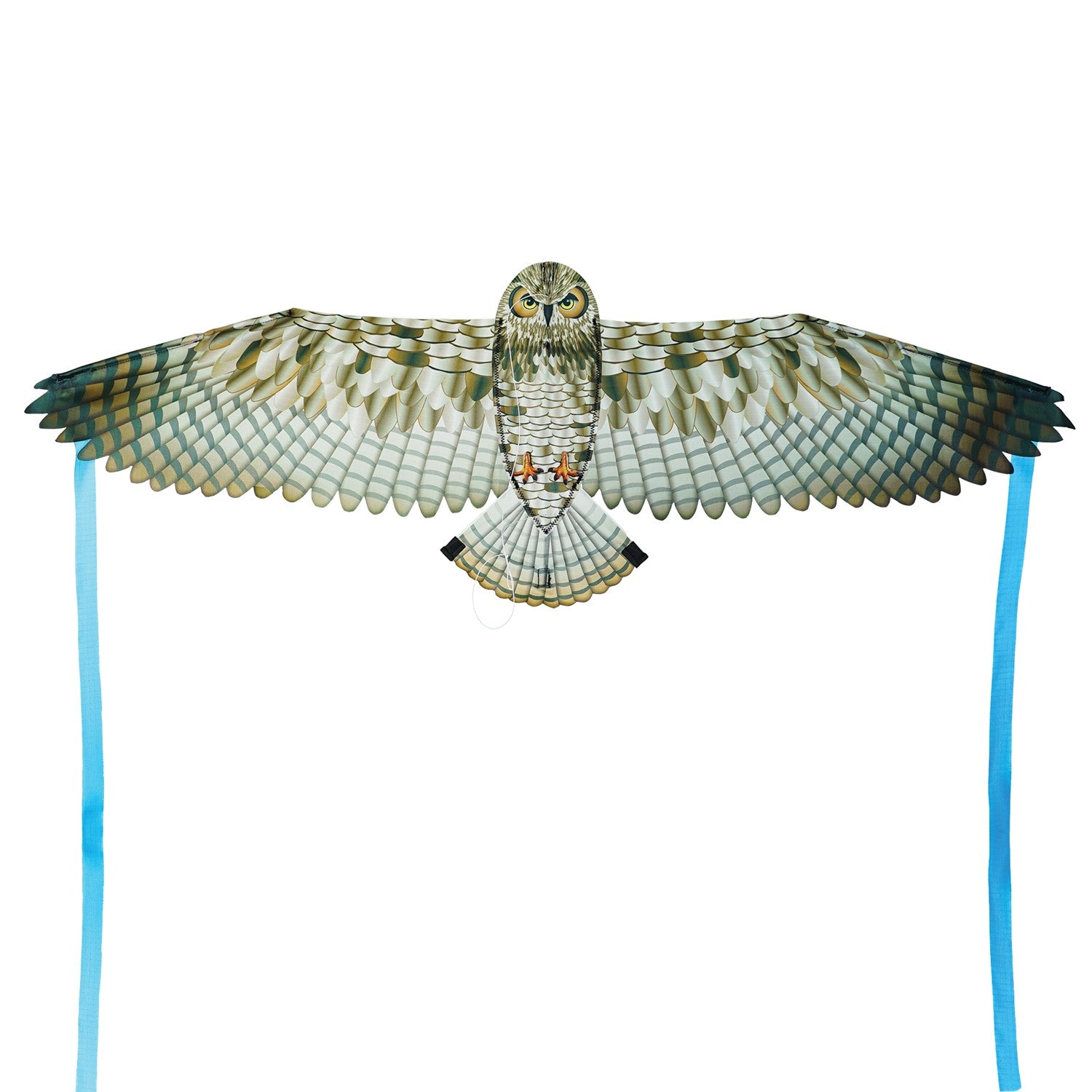 40-inch Owl Bitty Bird Kite featuring a realistic design of a great horned owl in flight, displayed against a blue sky.
