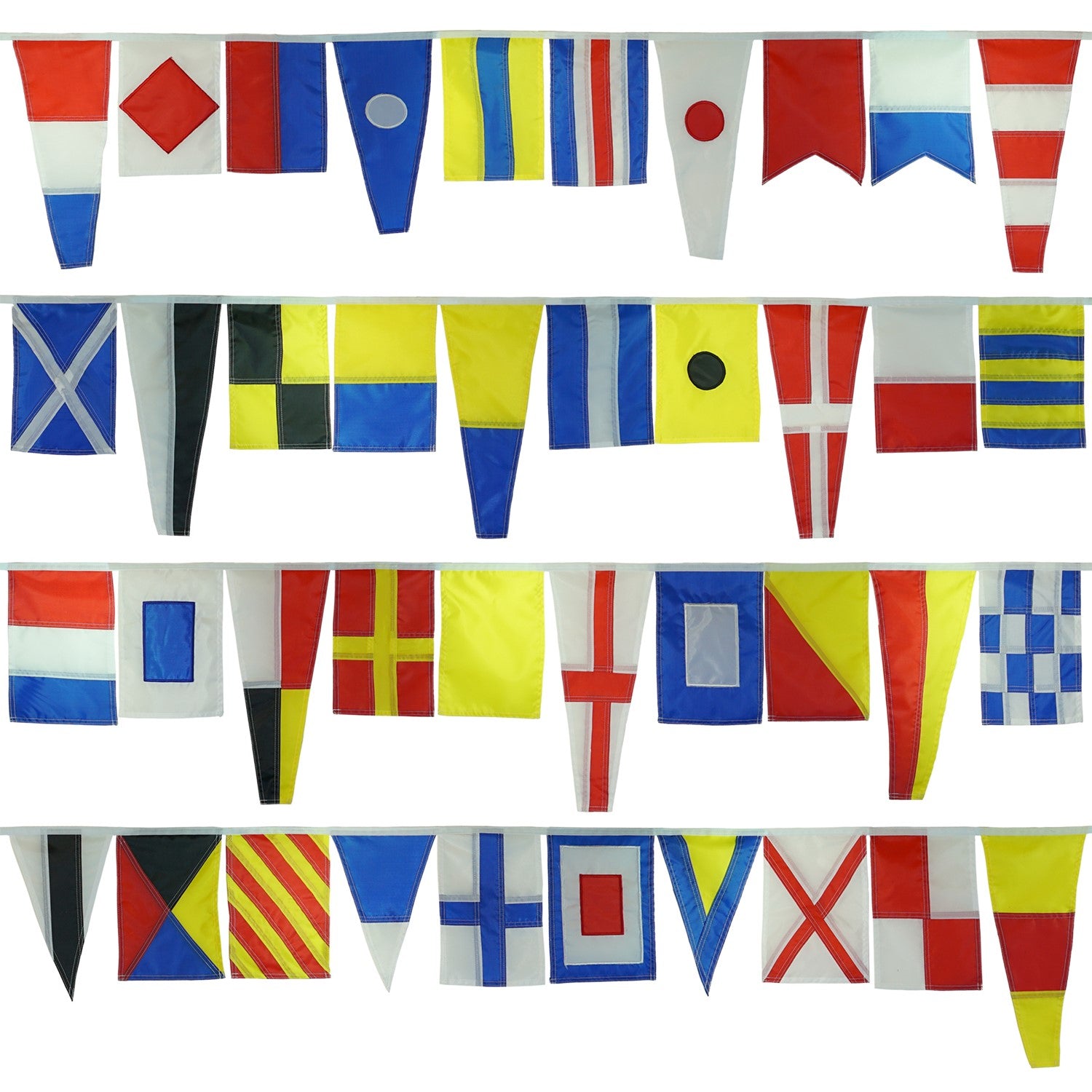 40 Piece Maritime Signal Flags on String decorated across a wooden terrace, featuring various colors and nautical designs that represent maritime communication.
