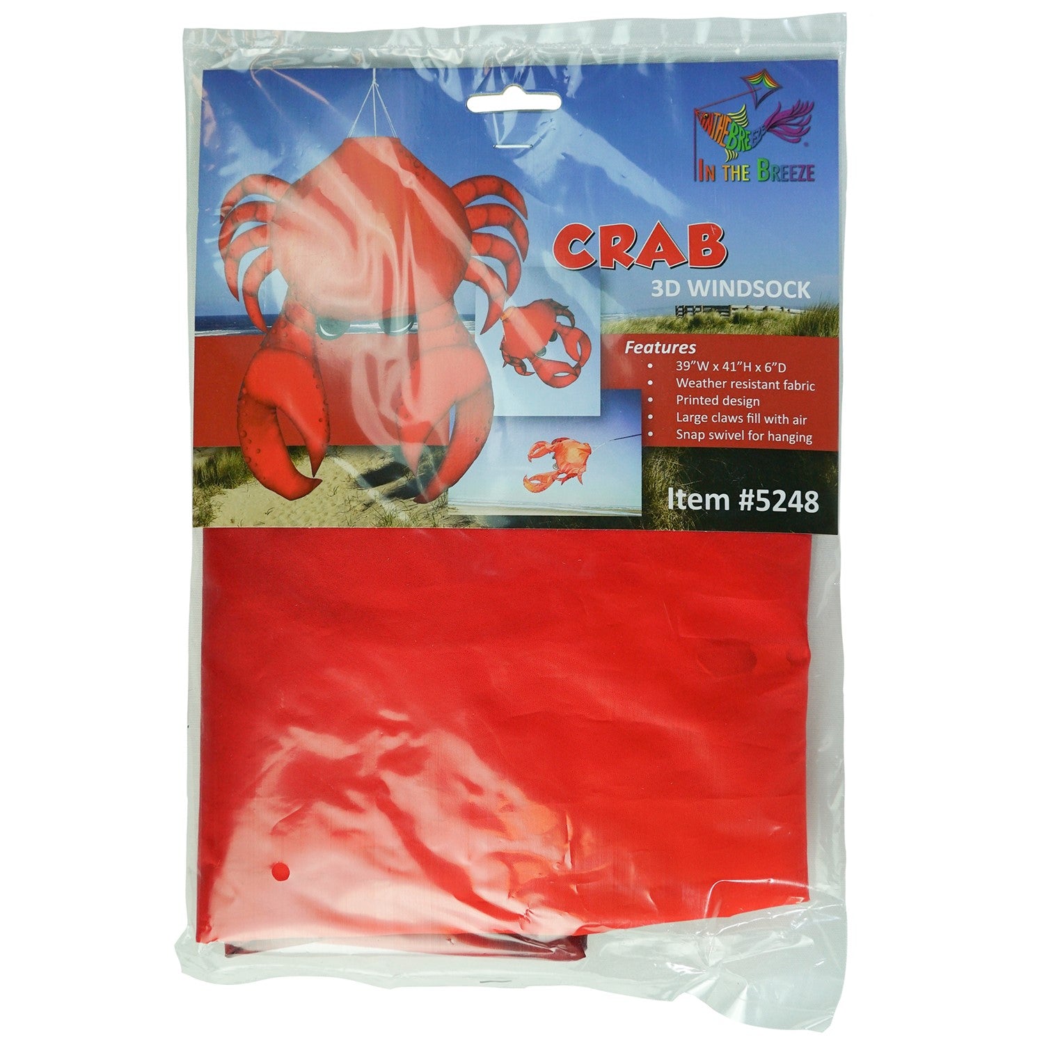 40-inch Realistic Crab 3D Windsock showcasing vibrant colors and detail, hanging outdoors in a garden against a blue sky.