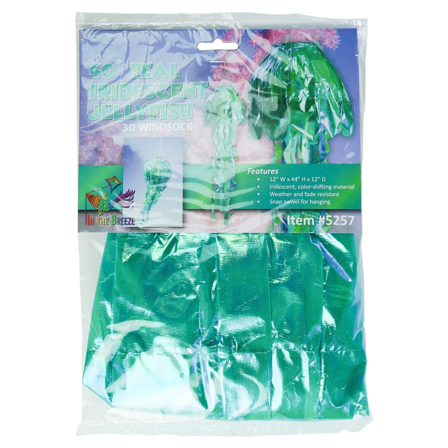 A beautiful 40" Teal Iridescent Jellyfish 3D Windsock with 12 flowing tentacles, designed for outdoor display, showcasing captivating ocean-inspired decor.