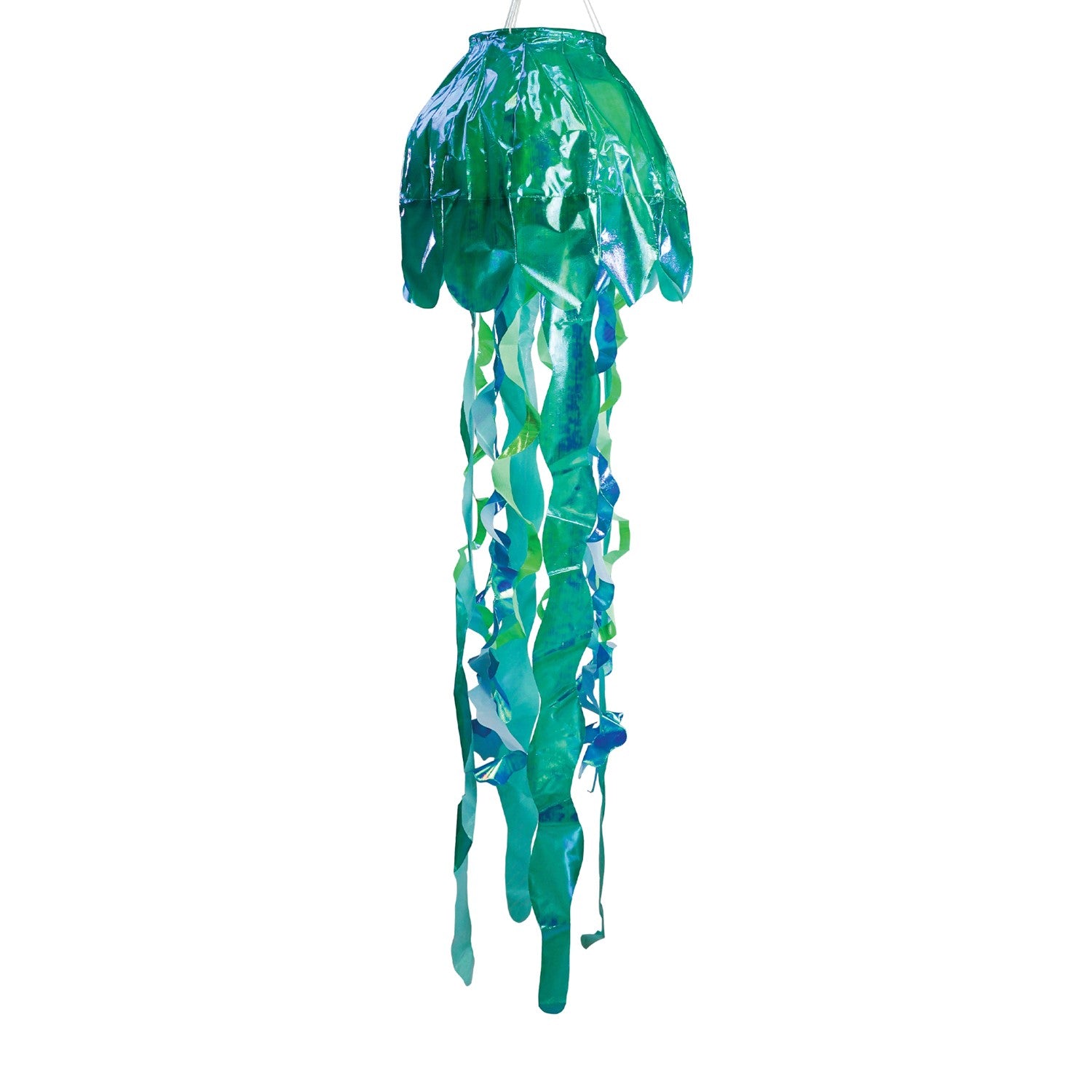 A beautiful 40" Teal Iridescent Jellyfish 3D Windsock with 12 flowing tentacles, designed for outdoor display, showcasing captivating ocean-inspired decor.