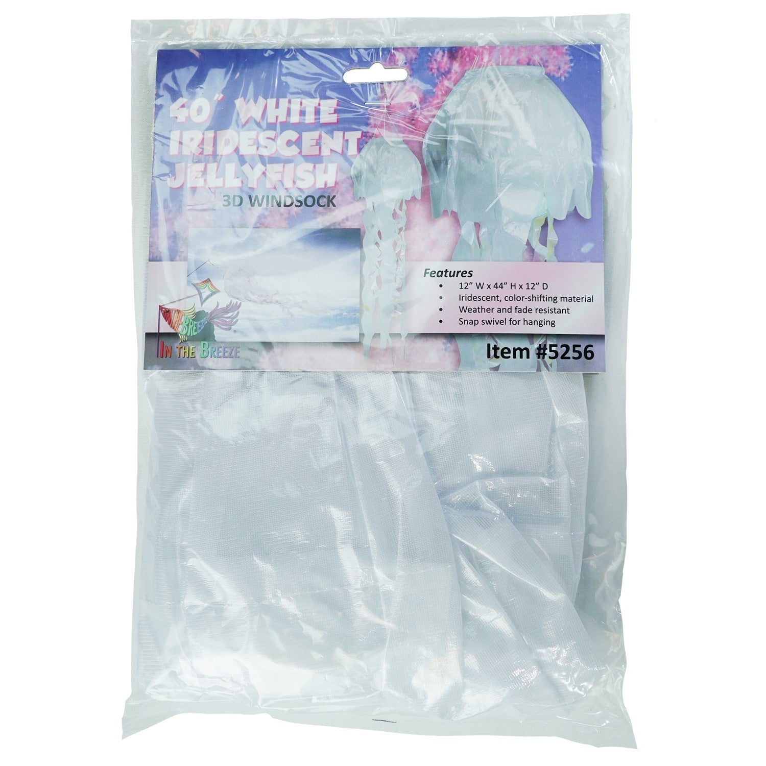 A 40-inch White Iridescent Jellyfish 3D Windsock swaying in the wind, highlighting its shimmering fabric and lifelike tentacles.