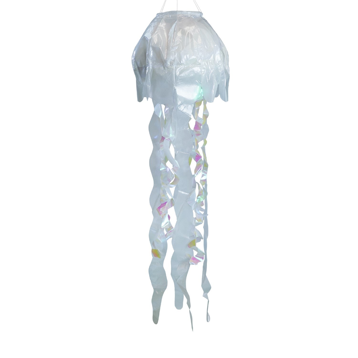 A 40-inch White Iridescent Jellyfish 3D Windsock swaying in the wind, highlighting its shimmering fabric and lifelike tentacles.