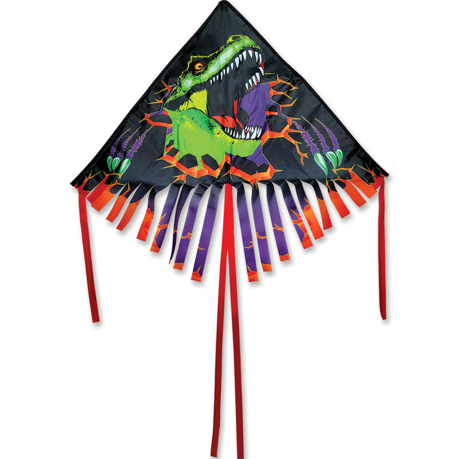 Colorful 42 in. Fringe Delta Kite with T-Rex design soaring in the sky against a clear blue backdrop, ideal for family fun outdoors.