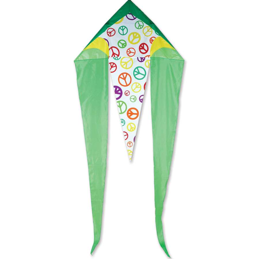 45 in. Flo-Tail Delta Kite in Lime Peace against a blue sky, showcasing its vibrant colors and long flowing tails in motion.