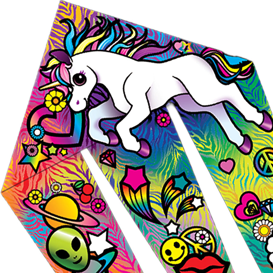 46 in. Flo-Train Delta Kite featuring a colorful unicorn design and a 12-foot tail, flying in a clear blue sky on a sunny day.