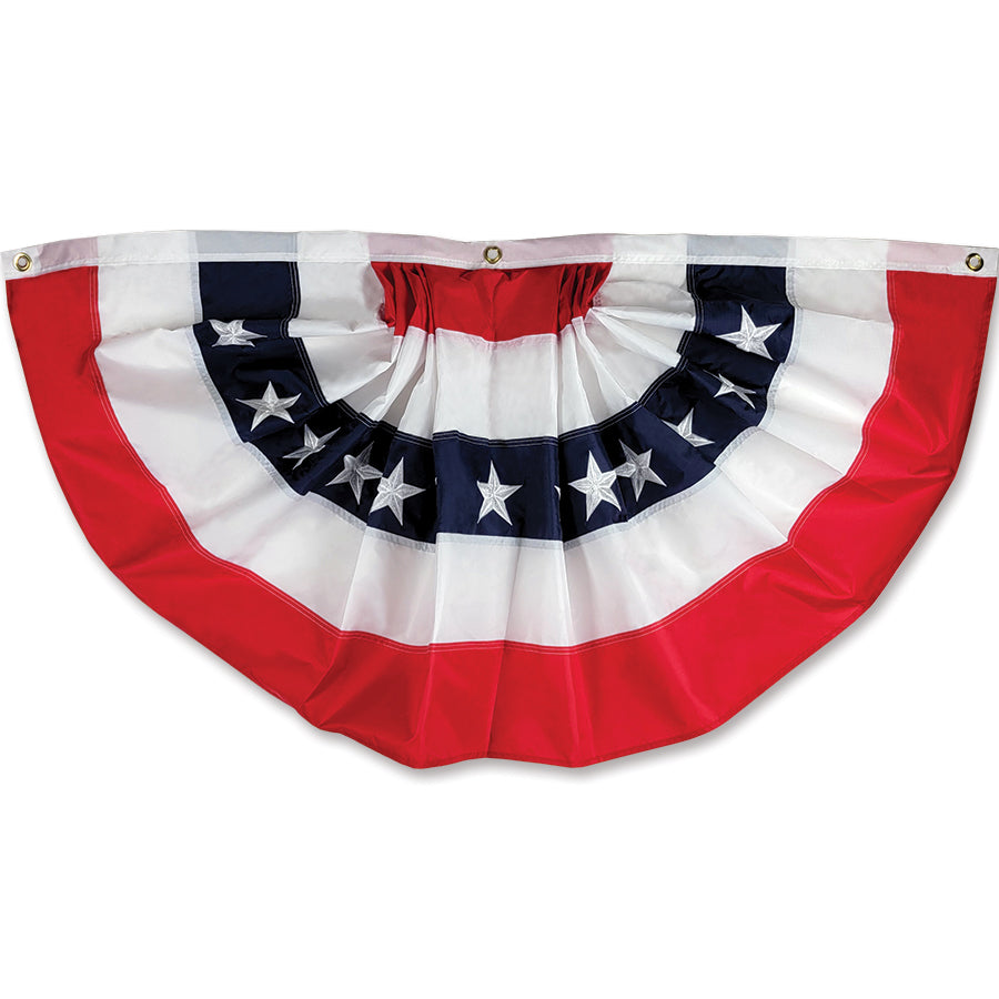 48 in. Patriotic bunting showcasing vibrant red, white, and blue colors, draped decoratively for a festive look in an outdoor setting.