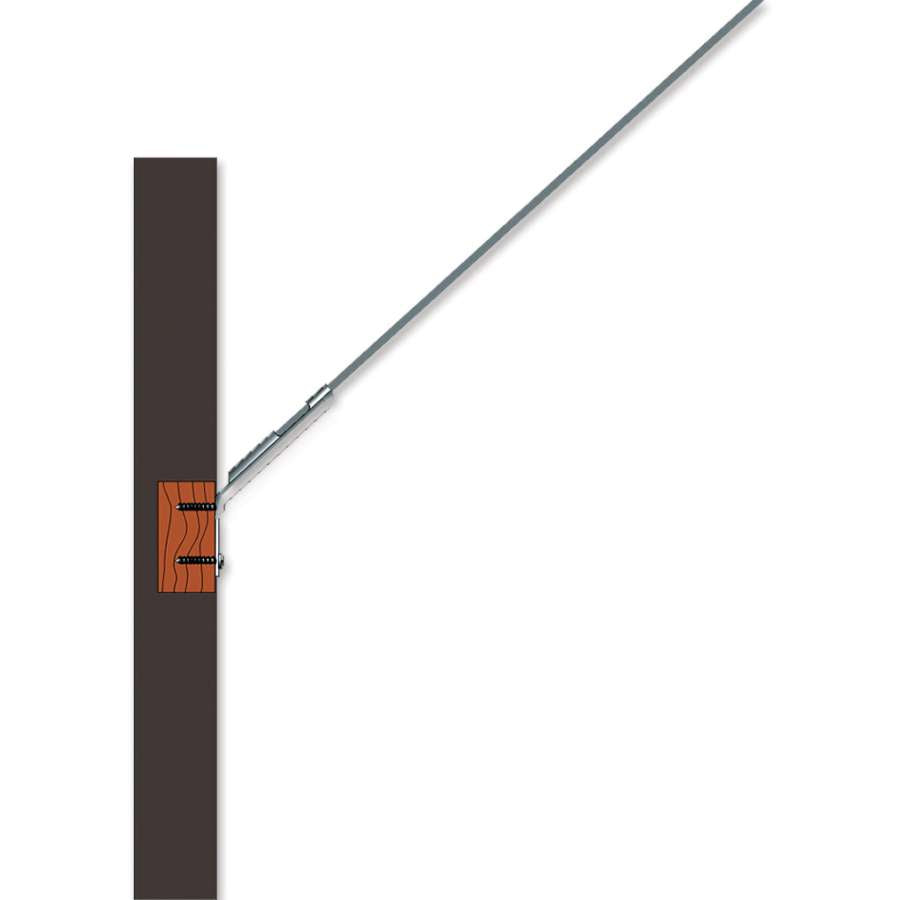48 inch pole and wall bracket, designed for mounting feather banners and windsocks, securely attached to a wooden deck wall with decorative items displayed.