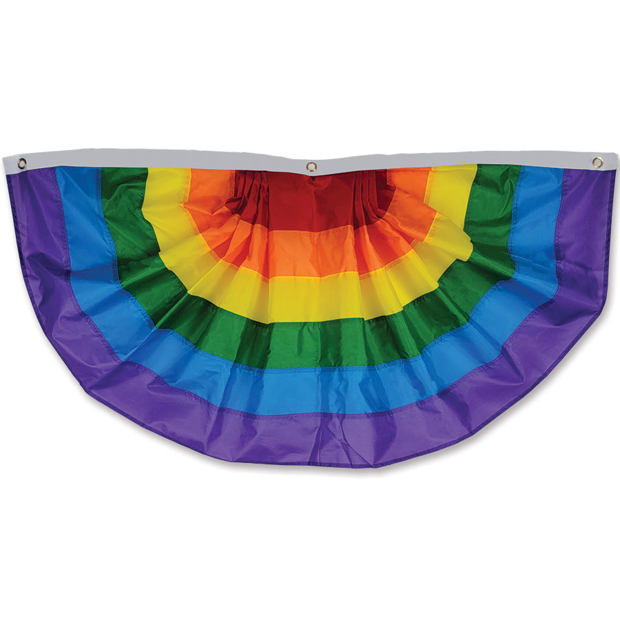 48 in. Rainbow bunting displaying vibrant colors draped across a festive outdoor setting, perfect for celebrations.