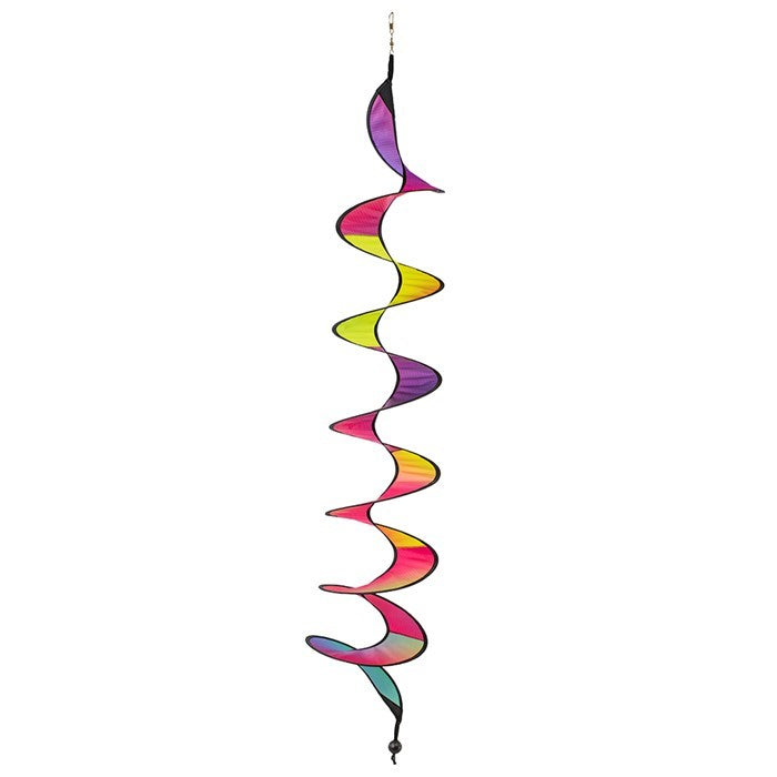 48-inch Jewel Curlie featuring a rainbow design, elegantly swirling and suspended in an outdoor garden setting.